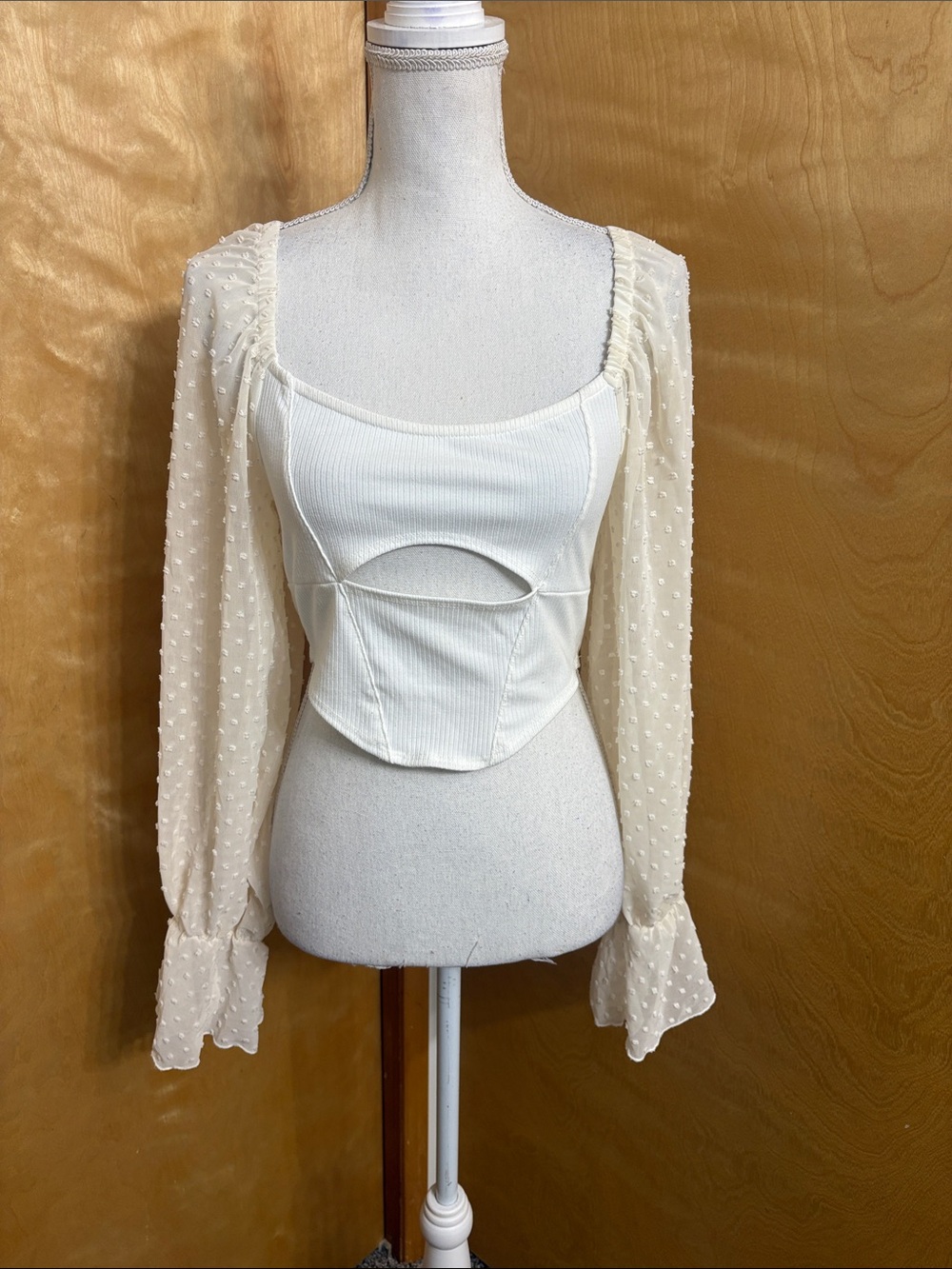 Urban Outfitters Cropped Long Sleeve Clip Dot Keyhole Front Blouse Size M